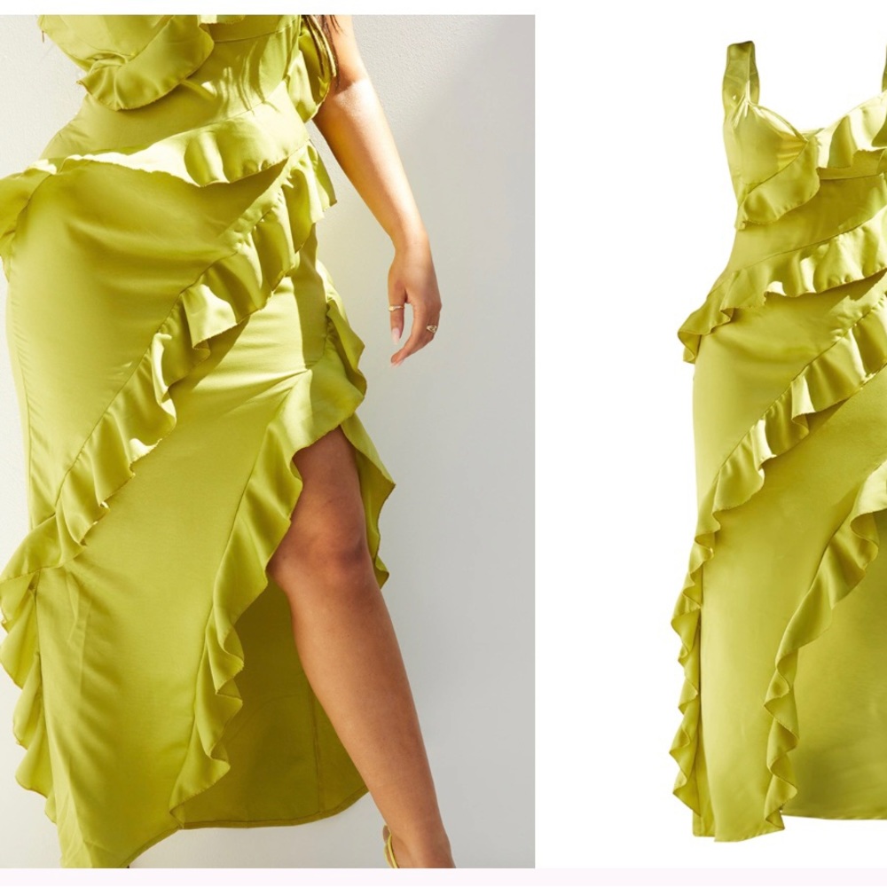 Plus Olive Satin Frill Layered Midaxi Dress